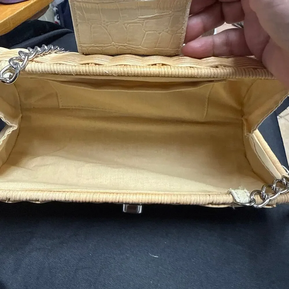 Wicker Rattan Box Clutch Purse Cream Faux Croc Trim Chain Strap Wedding Coastal